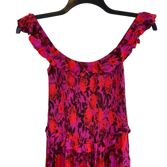Abel The Label Maxi Dress Womens Medium Pink Red Floral Tiered Boho Off Shoulder - Picture 2 of 12